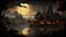 Moonlit Reflection on Calm Lake in Dark Forest. Generative AI