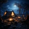 Moonlit refuge Tent in the night, illuminated by natures gentle nocturnal glow