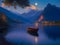 Moonlit Serenity: Lake, Mountains, and Boat at Night