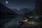 Moonlit Serenity: Lone Kayaker Paddling on a Peaceful Lake at Night, ai generative