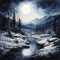 Moonlit Serenity: A Snowy Mountain Creek under the Night Sky