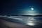 Moonlit Serenity tranquil beach with glowing moon and gentle waves lapping against the shore creating a peaceful ambiance