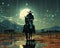 Moonlit Virtual Prairie: Cowboy, Mechanical Horse and Digital Nature. AI-generated