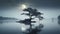 Moonlit Water: A Serene And Hauntingly Beautiful Illustration Of A Lone Pine Tree