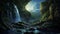 A moonlit waterfall cascading down a rocky cliff into a lush, green canyon HD 1080 * 1920