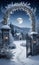 A Moonlit Winter Landscape Featuring A Frosty Gate Adorned With Garlands And Star. Generative AI