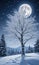 A Moonlit Winter Landscape With A Snow-Covered Tree Adorned With Glistening Ornament. Generative AI