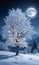 A Moonlit Winter Landscape With A Snow-Covered Tree Adorned With Glistening Ornament. Generative AI