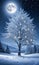A Moonlit Winter Landscape With A Snow-Covered Tree Adorned With Glistening Ornament. Generative AI