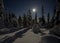 Moonlit winter night in Finnish taiga forest