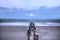 Moonset at Dawn over a dilapidated pier on the beach in Port Royal