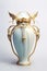 Moonstone and aquamarine amphora with golden detail, white background. Generative AI