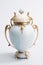 Moonstone and aquamarine amphora with golden detail, white background. Generative AI