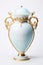 Moonstone and aquamarine amphora with golden detail, white background. Generative AI