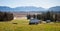 Moor landscape Murnauer Moos with view to the bavarian alps, meadow with hut