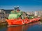 Moored in Aberdeen Port, Evita II, an Offshore Tug and Supply Ship, built in 2012. With green superstructure and red hull.