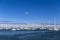 Moored and anchored sailboats in the Monterey Bay, California, USA