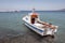 Moored boat in the port of Kokkari in Samos, Greece