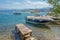 Moored boats in the harbor of Kouloura in Corfu, Greece