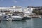 Moored boats at Vlychada harbor on Santorini island in Greece