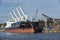 Moored bulk cargo ship West Oder river Szczecin
