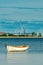 Moored empty fishing boat at Kattegat sea in Halmstad, Sweden