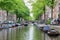 Moored sloops and sailing boat with passengers in Amsterdam Canal