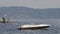 Moored speedboats floating on sea waves close to wharf, coastal city in distance