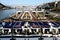 Moored Swiss hotel boats on the Danube at Budapest. city skyline. travel and tourism