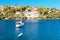 Moored yatch in the harbor of a small town Splitska - Croatia, island Brac