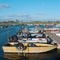 Mooring boats on blue sky background