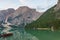 Mooring of boats on Lake Braies at first light in the morning