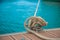 Mooring yacht rope with a knotted end tied around a cleat on a wooden pier