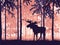 Moose with antlers posing, forest background, silhouettes of trees. Magical misty landscape.