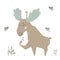 Moose baby cute print. Forest fiends. Elk listening to birds singing.