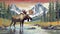 Moose drink water from creek in mountainous region
