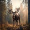 Moose in the forest at sunrise. 3D illustration. Vintage style.