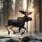 Moose runs through snow covered forest, in majestic display