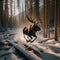 Moose runs through snow covered forest, in majestic display