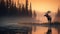 A moose stands in front of a lake during sunrise, AI