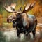 Moose in the water, digital painting of a bull elk