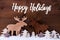 Moose, Wooden Tree, Snow, Calligraphy Happy Holidays