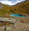 Moosjisee Lake with turquoise water and autumn colored Larch forest in Zermatt.