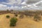 Mora medieval castle view, with Alentejo region tourist destination landscape in the background, Portugal