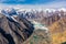 Moraine Glacier Lake Aerial View Mountain Canyon and Summits