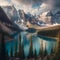 Moraine Lake, a Reflection of Rocky Splendor in Alberta\'s Alpine Wonderland. Generative ai