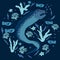 Moray eel cartoon character. Marine underwater scene with fish, moray eels, corals, algae, starfish. Underwater monster isolated