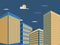 Mordern building design vector illustration.Tower with sky background.Downtown in night scene.Perspective buiding