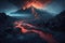 mordor landscape with fiery lava flow and active volcanic vents