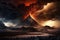 mordor landscape, with fiery mountain in the background and violent storm approaching